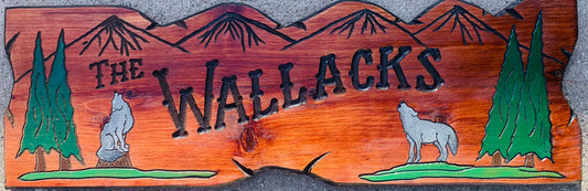 1’x4’ CALIFORNIA REDWOOD SIGN WITH WOLVES AND MOUNTAINS